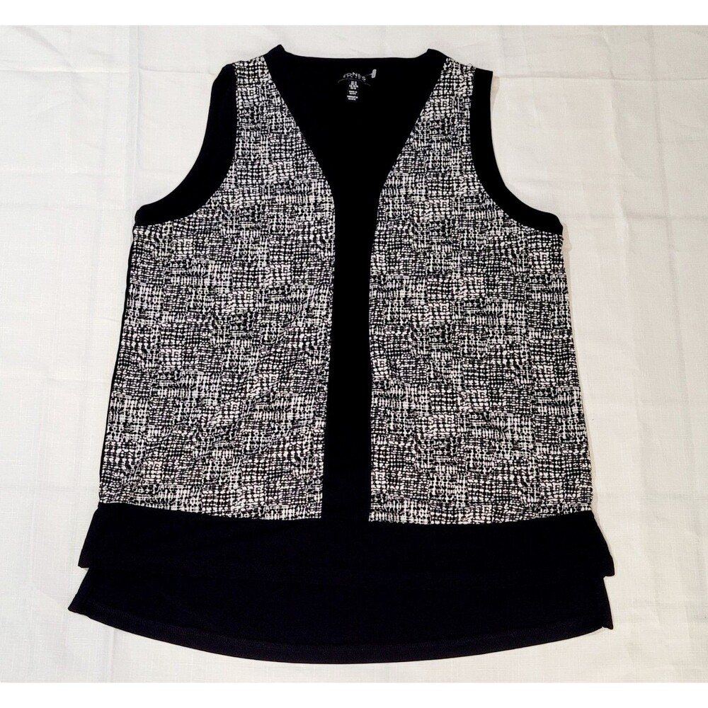 Jones New York Women's Top Black White Sleeveless V Neck Pullover Blouse Size M